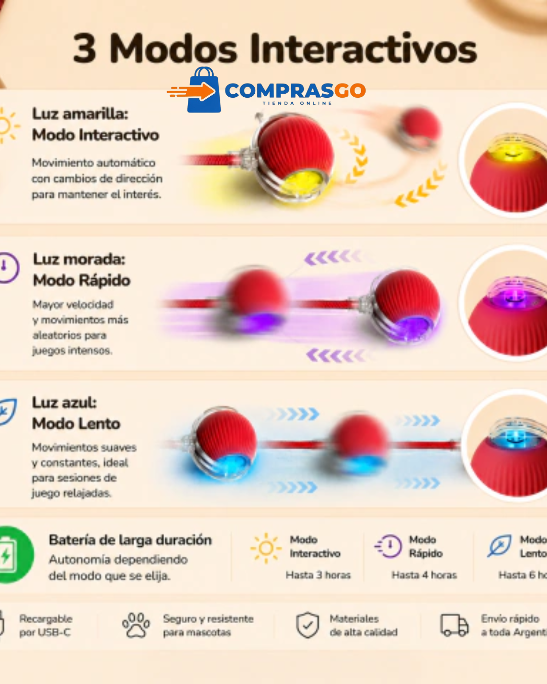 Pelota Interactiva para Gatos y Perros con Luz LED y Movimiento Automático – Juguete Inteligente Recargable con Cuerda