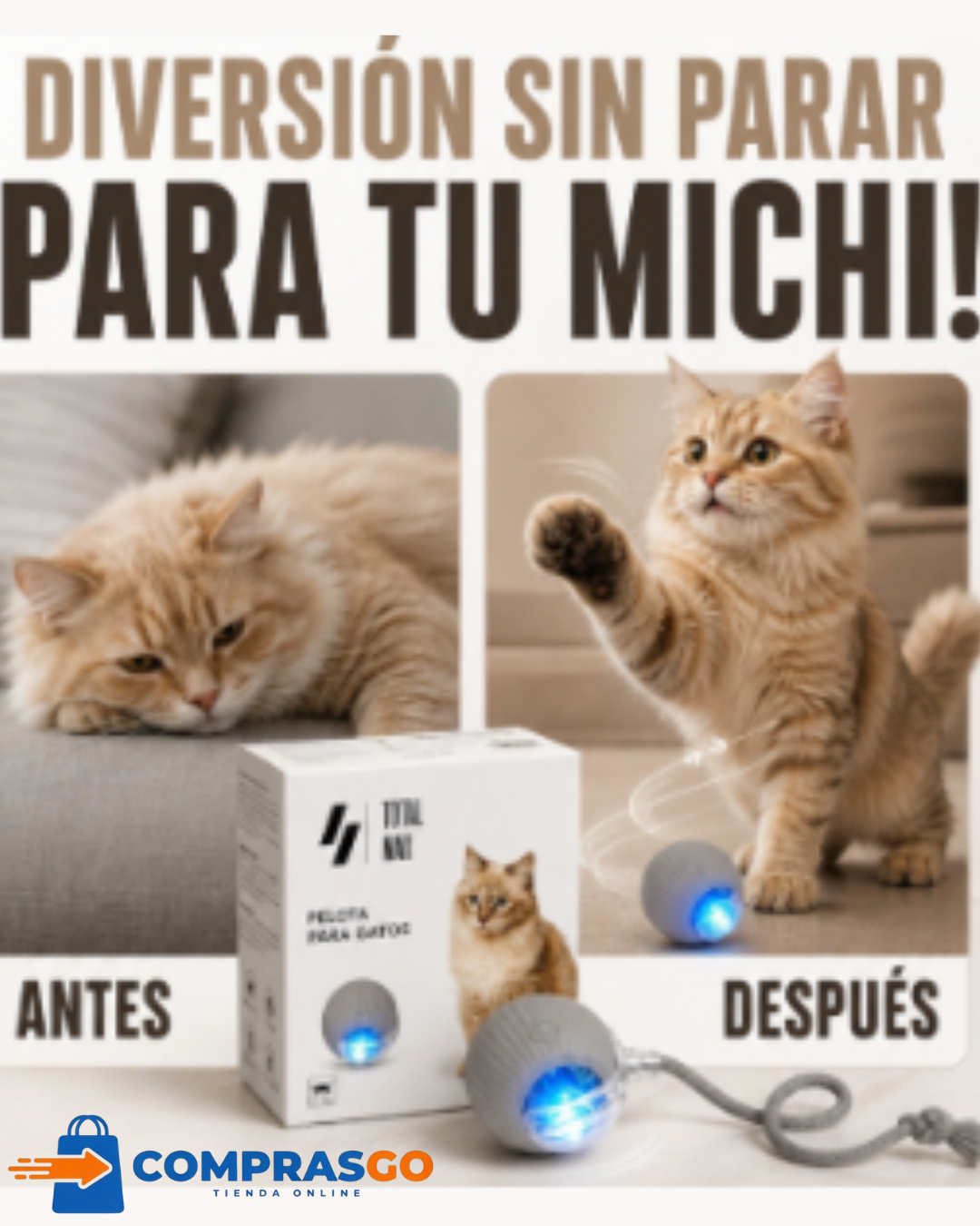 Pelota Interactiva para Gatos y Perros con Luz LED y Movimiento Automático – Juguete Inteligente Recargable con Cuerda
